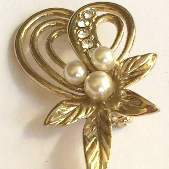 Vintage Pearl Oak Leaf Pin Brooch Fall Jewelry Crystal Flower Gold Plated Deco - Picture 4 of 11
